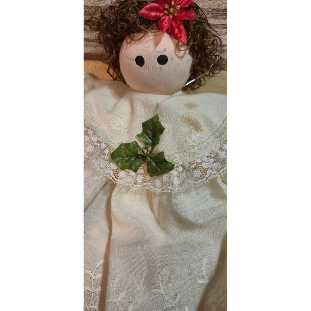 Vintage Folk Art Angel Tree Topper Rustic Wood Lace Cream Christmas Decor 12in